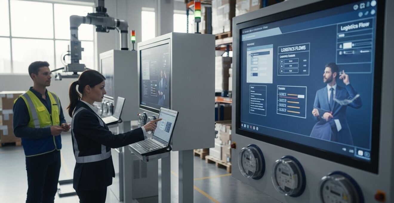 Illustration d'un audit d'entrepôt montrant la gestion énergétique, les flux de marchandises et la technologie moderne au Québec
