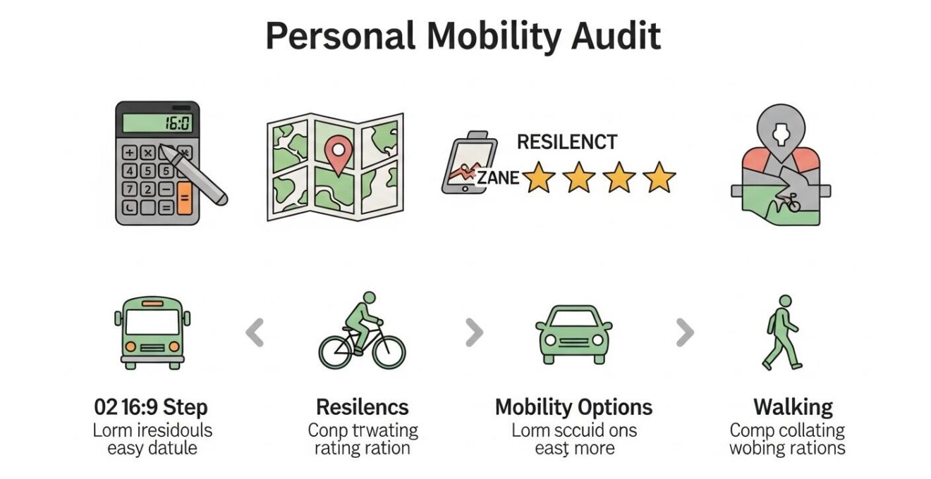 Infographie stylisée montrant quatre étapes d'un audit personnel de mobilité incluant calcul financier, zone de liberté active, évaluation de résilience et portefeuille de mobilité en milieu urbain québécois.