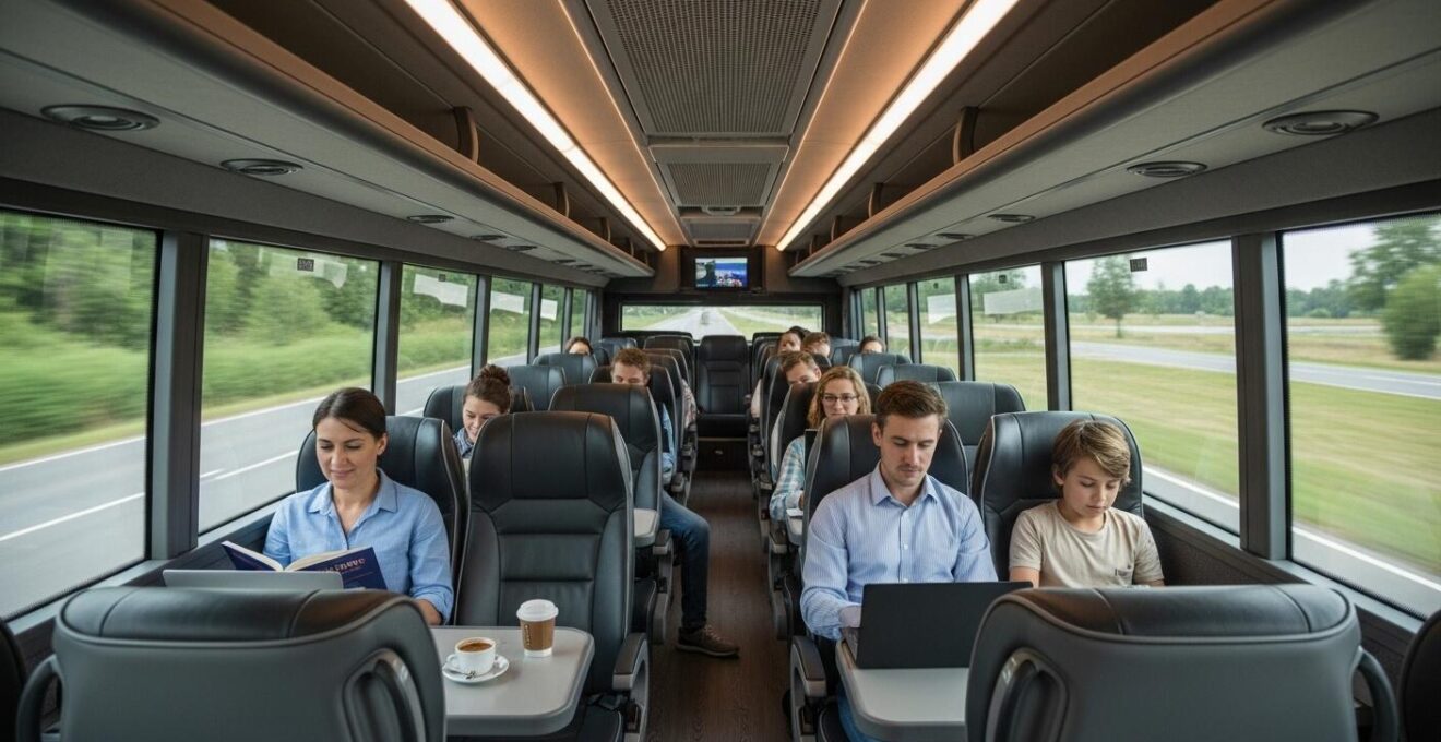 Intérieur luxueux d'un bus avec Wi-Fi, zones silence et espaces de travail
