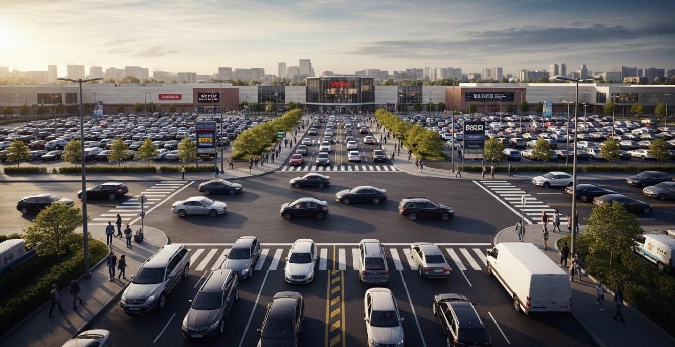 Illustration montrant les flux de transports générés par un grand centre commercial de banlieue, avec routes saturées et infrastructures commerciales modernes.