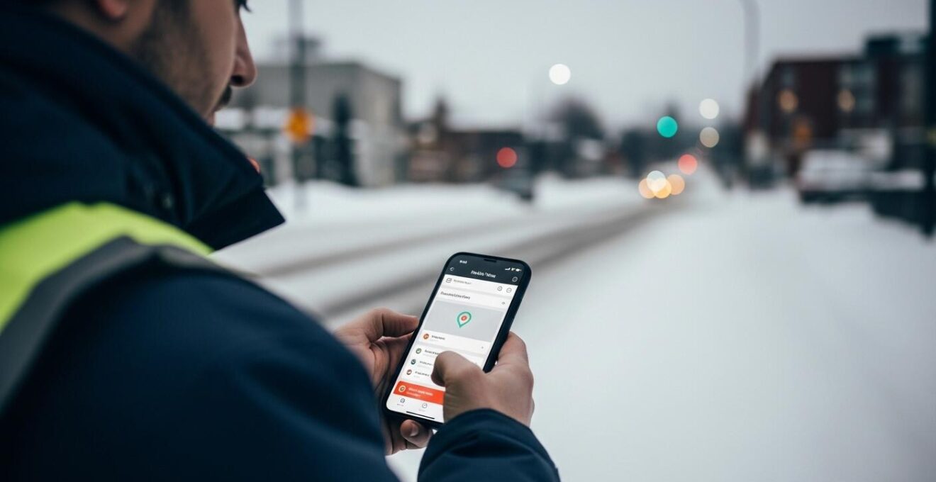 Image symbolique d'un transporteur consultant une application mobile affichant un suivi en temps réel d'un colis en hiver au Québec