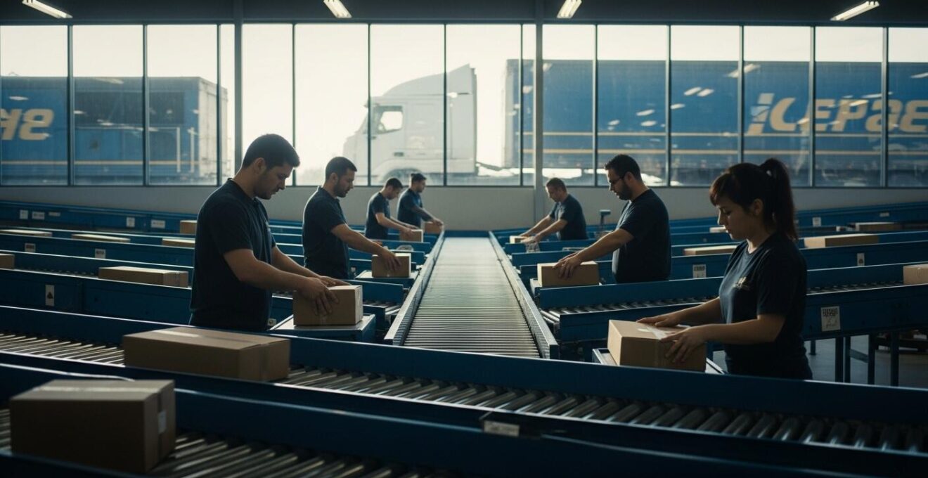 Un centre de tri de colis avec des travailleurs sous pression, camions et trains en arrière-plan, symbolisant la rapidité et les défis du transport de marchandises au Québec