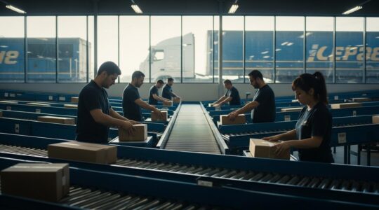 Un centre de tri de colis avec des travailleurs sous pression, camions et trains en arrière-plan, symbolisant la rapidité et les défis du transport de marchandises au Québec