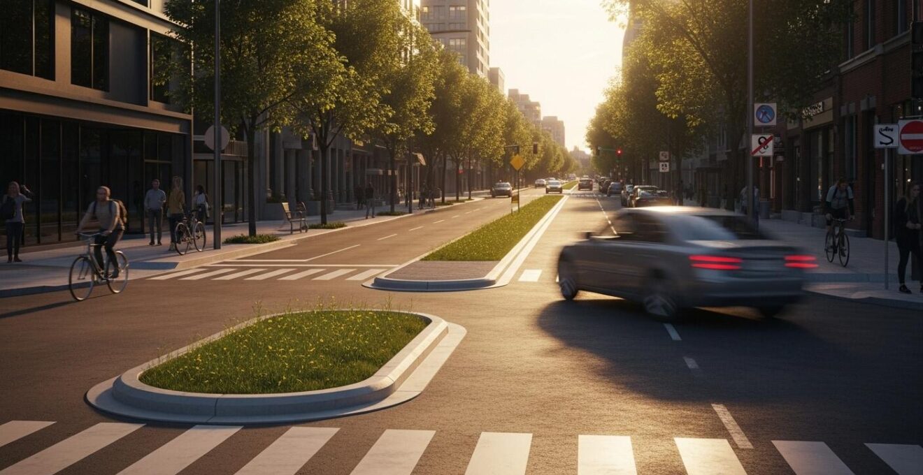 Vue cinématique d'une rue urbaine montréalaise avec des aménagements urbains incitant au ralentissement des véhicules