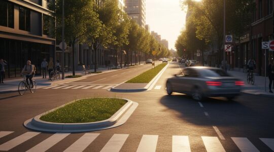 Vue cinématique d'une rue urbaine montréalaise avec des aménagements urbains incitant au ralentissement des véhicules