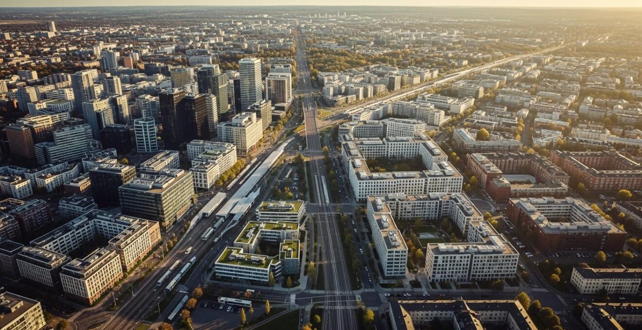 Vue panoramique d’une métropole nord-américaine avec intégration visible du transport collectif et zones mixtes d’activités économiques et résidentielles