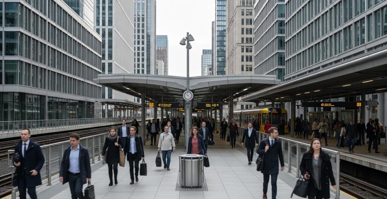Vue urbaine d’une station de métro animée entourée de bâtiments commerciaux de haute valeur immobilière