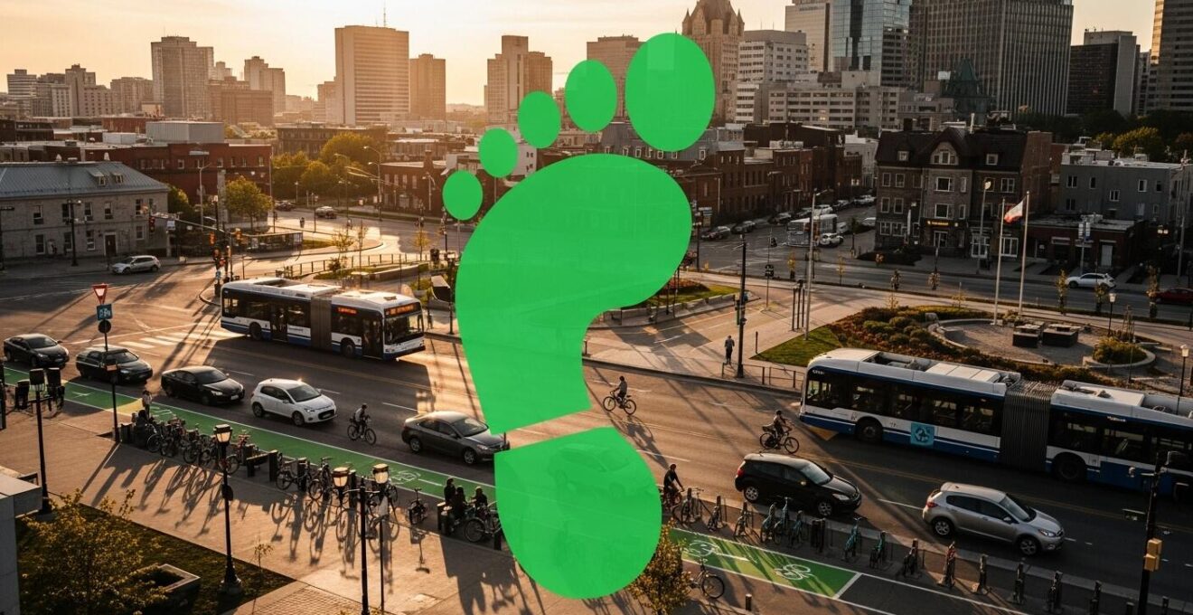 Représentation symbolique de l'empreinte carbone liée à la mobilité, montrant un pied avec empreinte verte sur un fond urbain québécois, intégrant des éléments de vélo, bus et voiture électrique.
