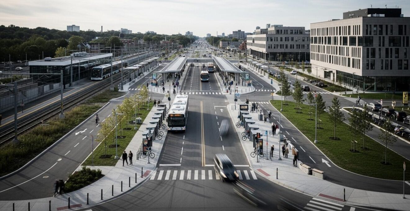 Vue aérienne d'un hub de mobilité intermodale moderne avec trains, bus, vélos et piétons à Québec