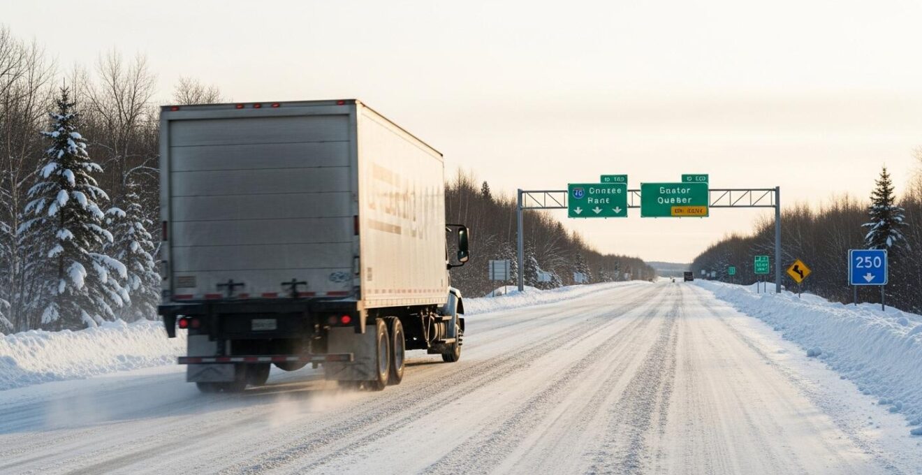 Vue panoramique montrant un camion de livraison en hiver sur une autoroute enneigée au Québec avec un ciel hivernal dramatique