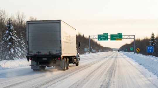 Vue panoramique montrant un camion de livraison en hiver sur une autoroute enneigée au Québec avec un ciel hivernal dramatique