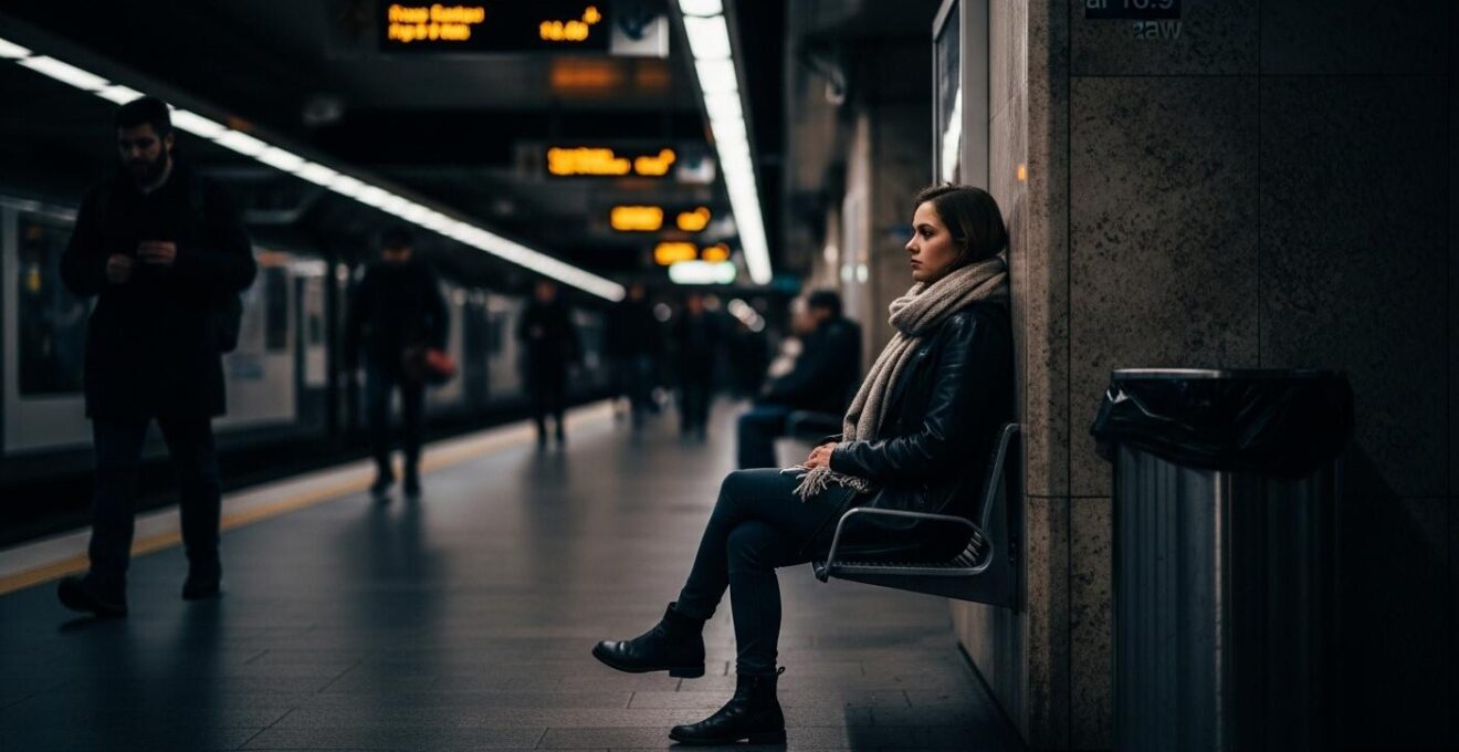 Femme seule attendant dans une station de métro peu éclairée de nuit au Québec, exprimant un sentiment d'insécurité