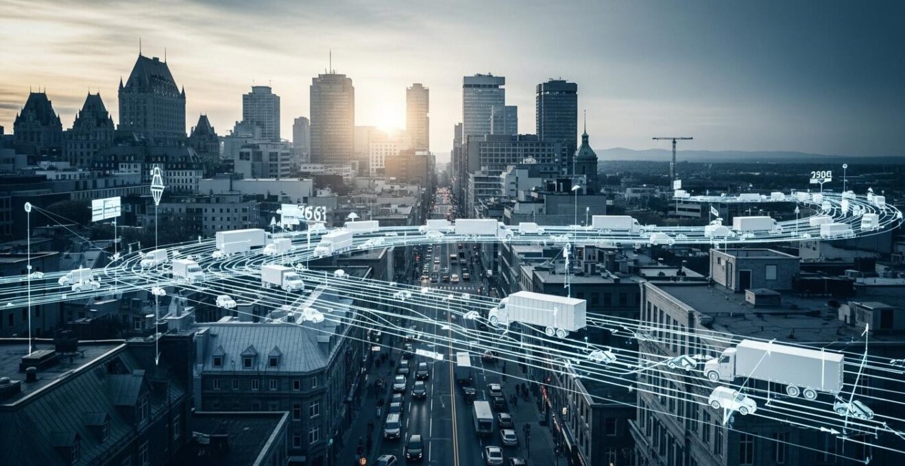 Image conceptuelle montrant la modélisation 3D d’une ville de Québec avec des flux de trafic de camions optimisés par un jumeau numérique