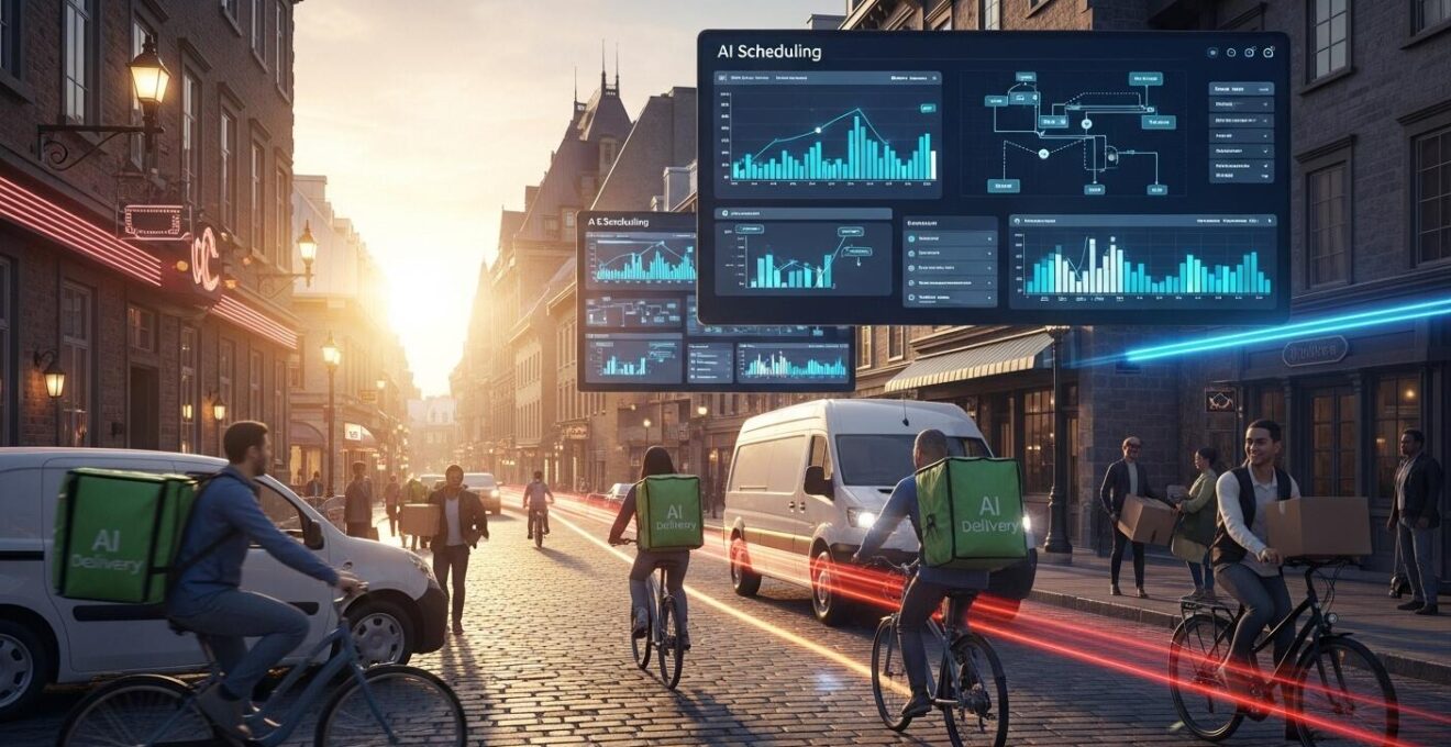 Illustration d'une livraison du dernier kilomètre avec vélos-cargos, véhicules électriques et la technologie d'IA pour la gestion des créneaux horaires