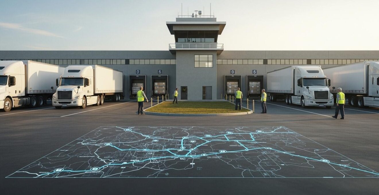 Illustration symbolique représentant la logistique comme un avantage concurrentiel au Québec, avec des camions, entrepôts et cartes montrant le réseau de transport