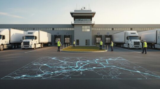 Illustration symbolique représentant la logistique comme un avantage concurrentiel au Québec, avec des camions, entrepôts et cartes montrant le réseau de transport