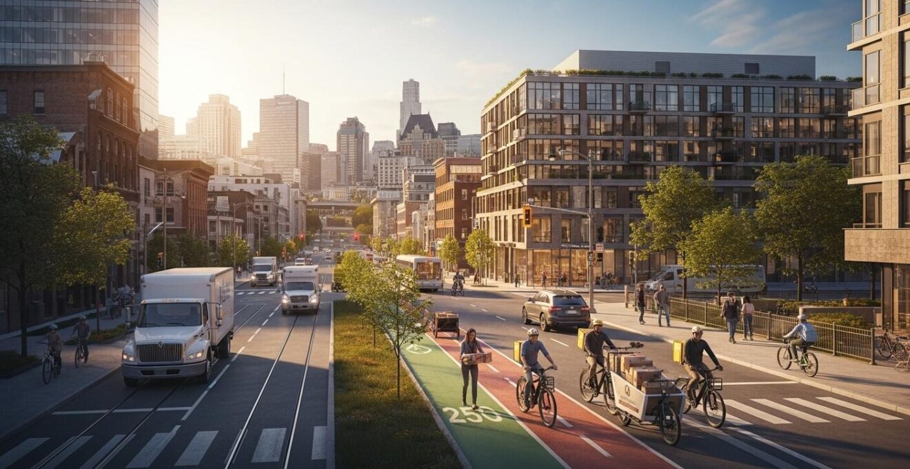 Vue panoramique d'une ville québécoise animée avec camions de livraison, vélos cargos et infrastructures urbaines indiquant la logistique urbaine vitale