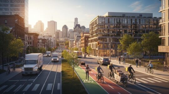 Vue panoramique d'une ville québécoise animée avec camions de livraison, vélos cargos et infrastructures urbaines indiquant la logistique urbaine vitale