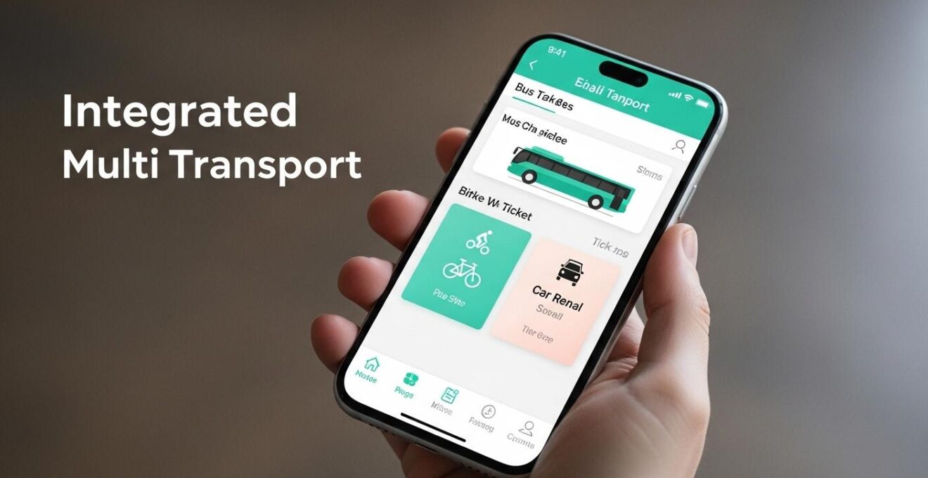 Interface d'application mobile illustrant le MaaS pour passer du bus au vélo partagé et voiture en un seul billet