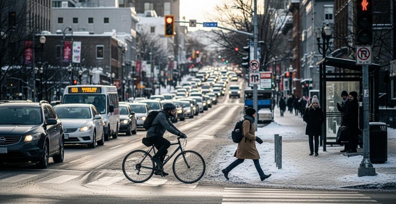 Une scène urbaine au Québec montrant une intersection avec une voiture coincée dans un embouteillage, un cycliste frissonnant sous la neige, une personne qui marche avec un manteau d'hiver, et un bus à l'arrêt avec quelques passagers, symbolisant les défis de la mobilité durable.