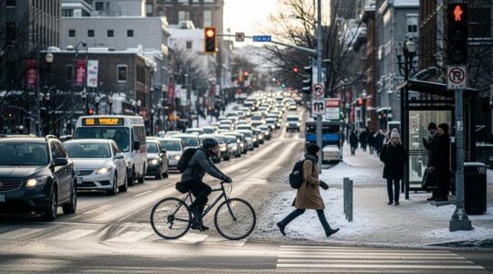 Une scène urbaine au Québec montrant une intersection avec une voiture coincée dans un embouteillage, un cycliste frissonnant sous la neige, une personne qui marche avec un manteau d'hiver, et un bus à l'arrêt avec quelques passagers, symbolisant les défis de la mobilité durable.