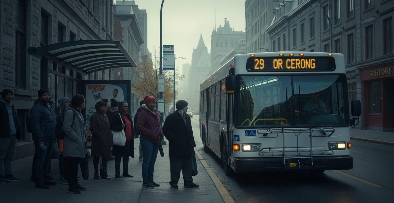 Vue urbaine d'un bus et de passagers en zone urbaine au Québec illustrant la mobilité précaire et la pauvreté