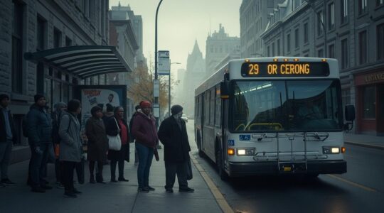 Vue urbaine d'un bus et de passagers en zone urbaine au Québec illustrant la mobilité précaire et la pauvreté