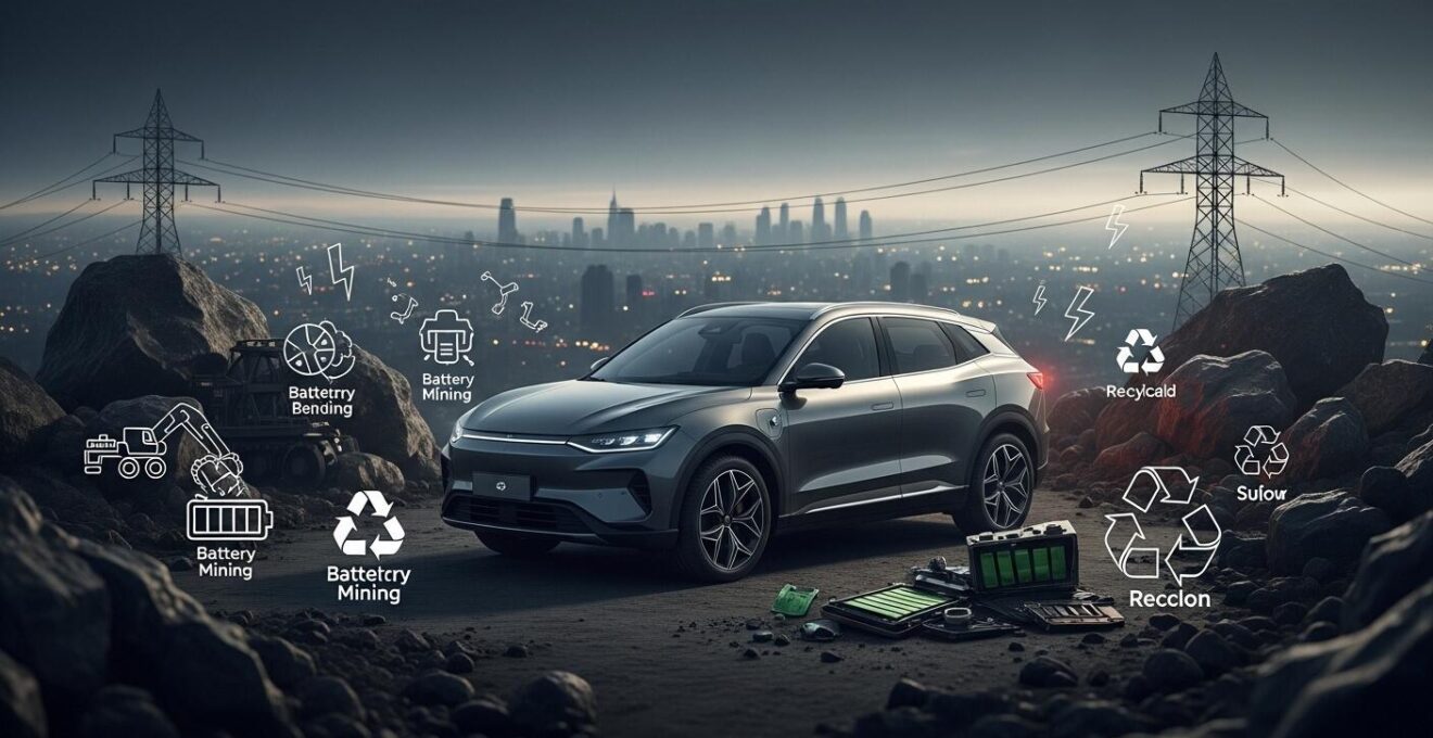 VUS électrique en ville avec éléments symbolisant les impacts cachés des batteries et du réseau électrique au Québec