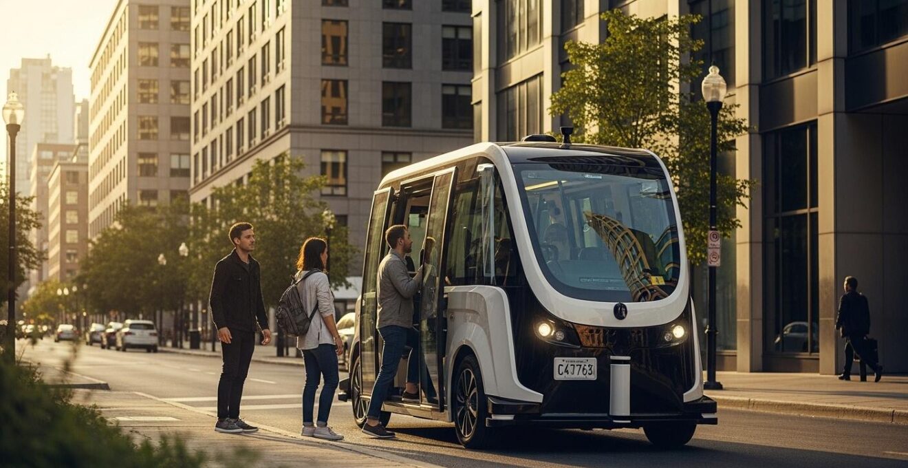 Une navette autonome en opération dans un quartier urbain de Montréal, illustrant un futur de la mobilité partagée et sans conducteur.