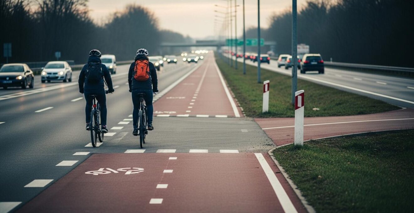 Illustration exposant une piste cyclable s'arrêtant brutalement à la frontière entre deux municipalités, avec cyclistes hésitant à continuer.