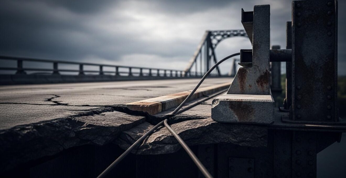 Image montrant un pont québécois vieillissant avec des signes visibles d'usure et des avertissements de sécurité