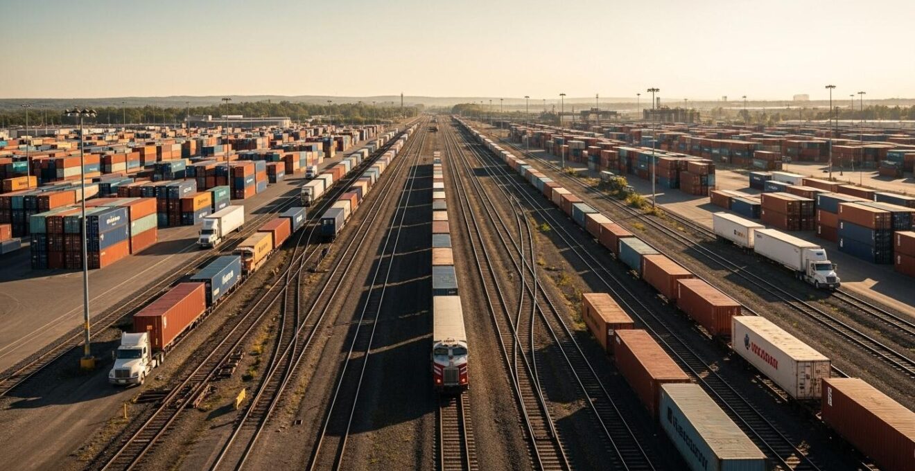 Représentation d’un port sec moderne à Drummondville, connecté à un réseau ferroviaire, animant le rôle d’un hub logistique intérieur au Québec.