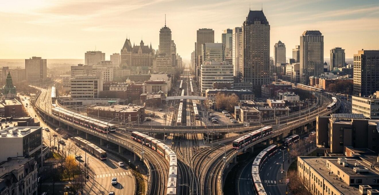 Vue panoramique d'une métropole québécoise avec différents moyens de transport en commun interconnectés symbolisant une mobilité unifiée.