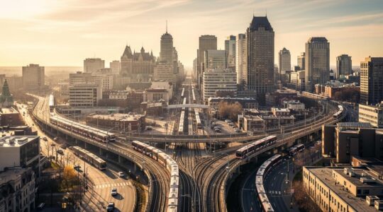 Vue panoramique d'une métropole québécoise avec différents moyens de transport en commun interconnectés symbolisant une mobilité unifiée.