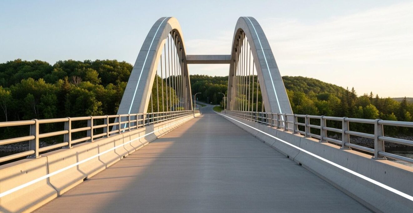Pont moderne en béton auto-réparant équipé de capteurs IoT sous un ciel clair