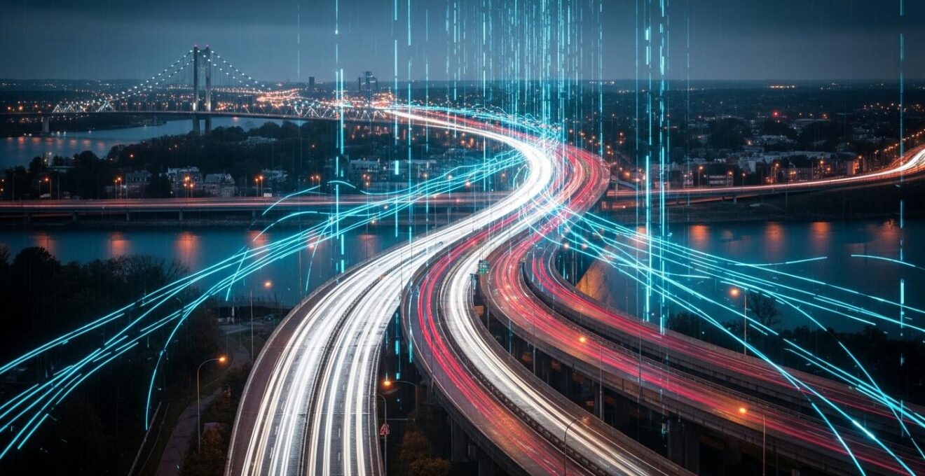 Une représentation visuelle d'un réseau de transport intelligent du futur au Québec, combinant des flux de données numériques et des infrastructures physiques.