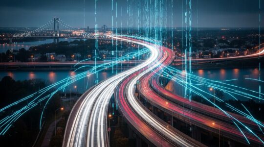 Une représentation visuelle d'un réseau de transport intelligent du futur au Québec, combinant des flux de données numériques et des infrastructures physiques.
