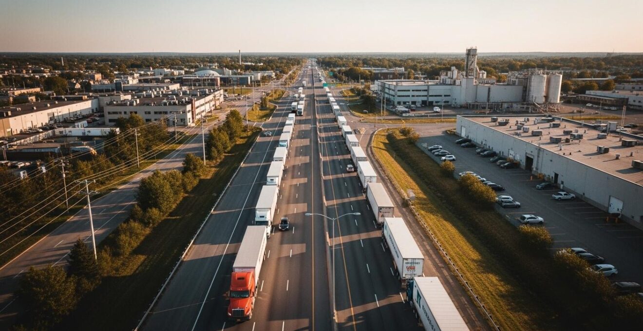 Vue aérienne d'une autoroute au Québec avec un camion de transport et des bâtiments industriels en arrière-plan symbolisant l'impact économique des routes sur les entreprises