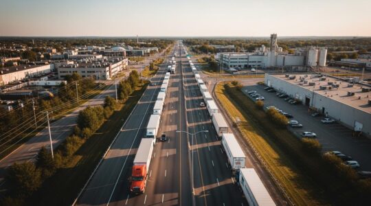Vue aérienne d'une autoroute au Québec avec un camion de transport et des bâtiments industriels en arrière-plan symbolisant l'impact économique des routes sur les entreprises