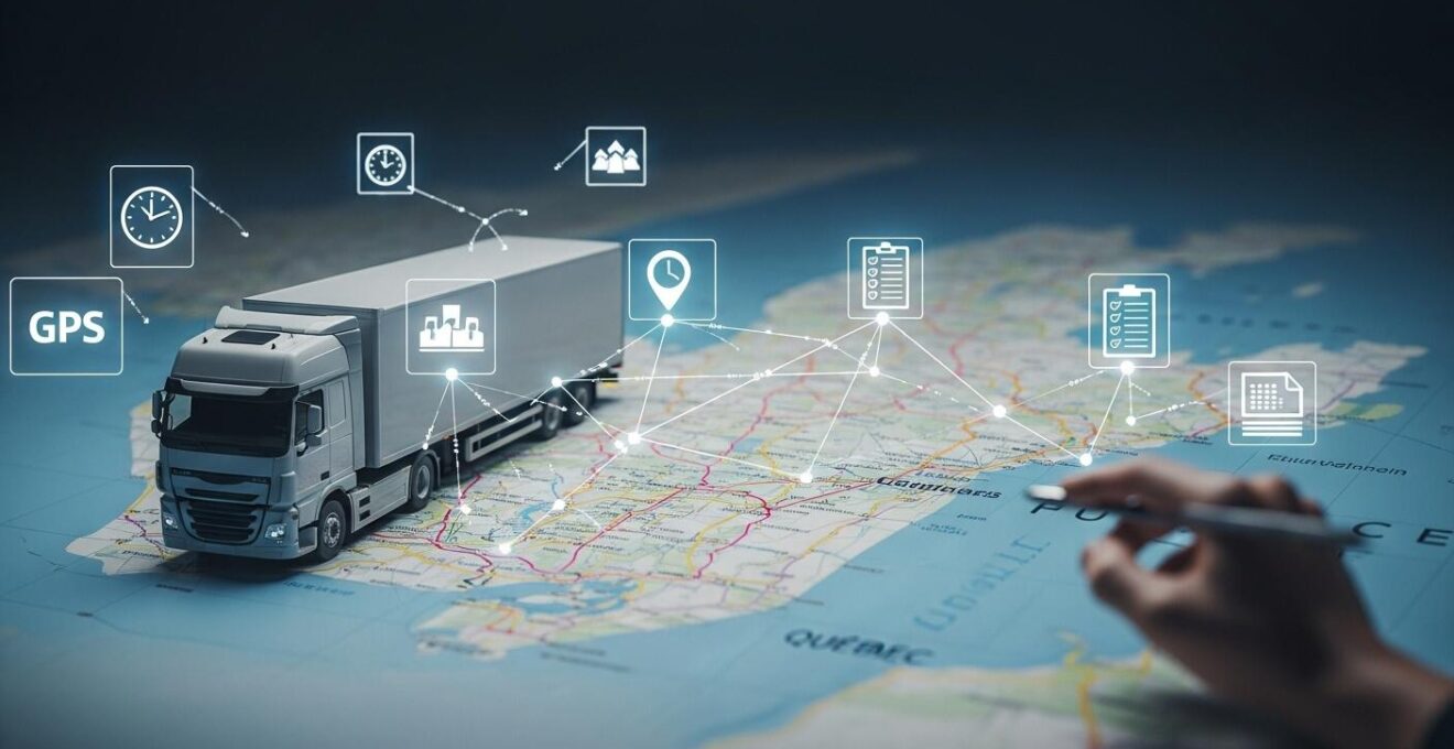 Image symbolique représentant la planification stratégique des tournées de transport au Québec avec un camion moderne, une carte du Québec et des icônes de données numériques