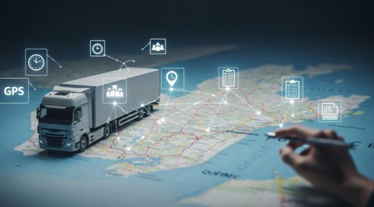 Image symbolique représentant la planification stratégique des tournées de transport au Québec avec un camion moderne, une carte du Québec et des icônes de données numériques