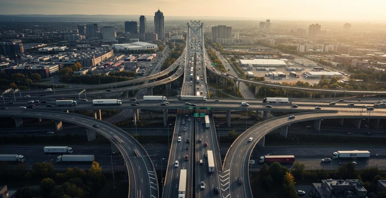 Vue panoramique montrant un réseau de transport québécois incluant routes, ponts et infrastructures logistiques sous tension