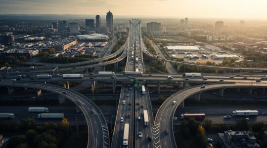 Vue panoramique montrant un réseau de transport québécois incluant routes, ponts et infrastructures logistiques sous tension