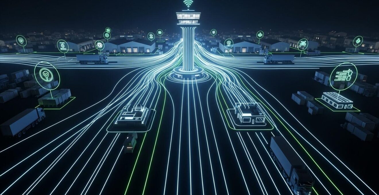 Schéma moderne illustrant une tour de contrôle logistique avec flux de données en temps réel connectant transporteurs, fournisseurs et entrepôts