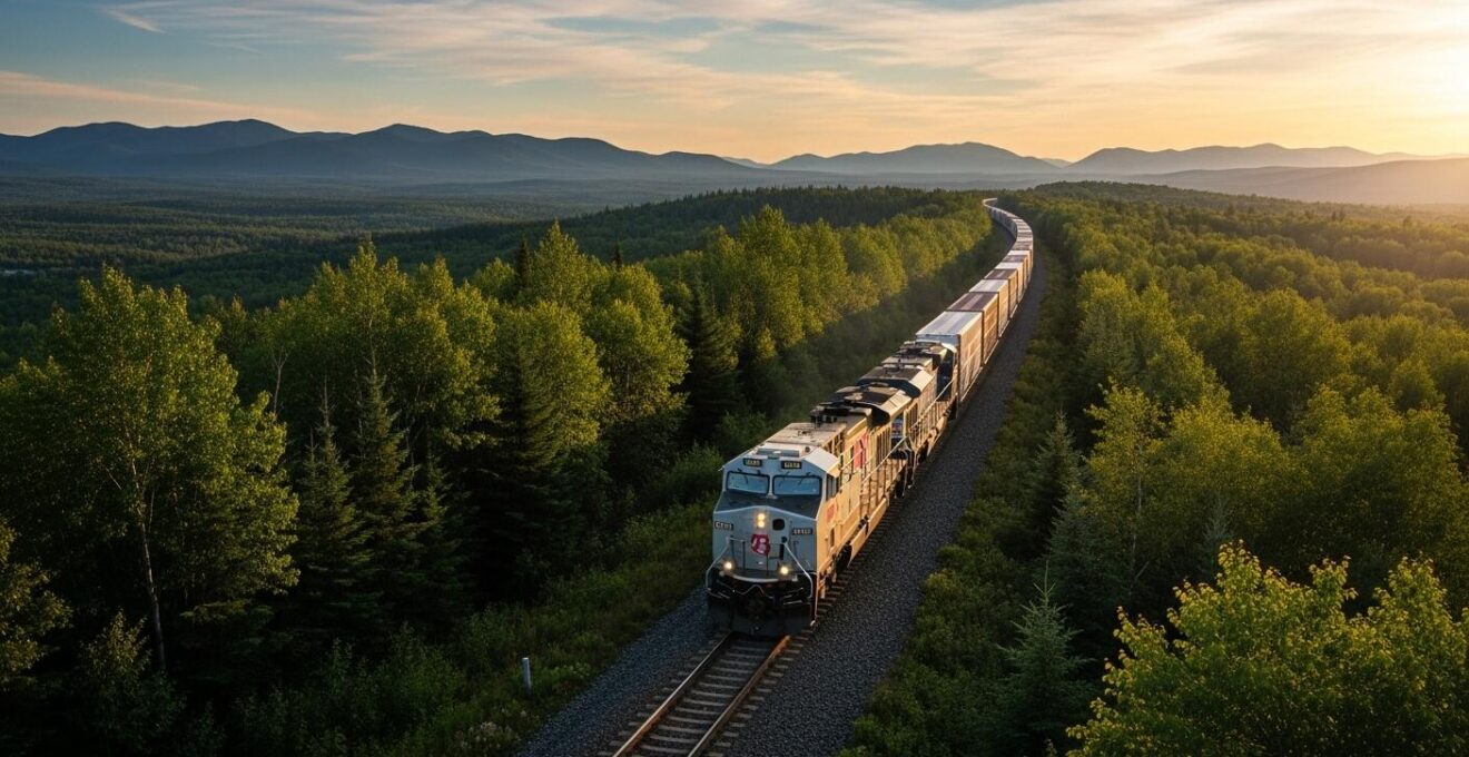 Train moderne traversant les paysages du Québec, symbolisant l'espoir économique.