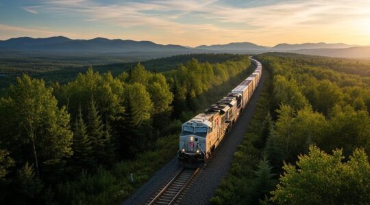 Train moderne traversant les paysages du Québec, symbolisant l'espoir économique.
