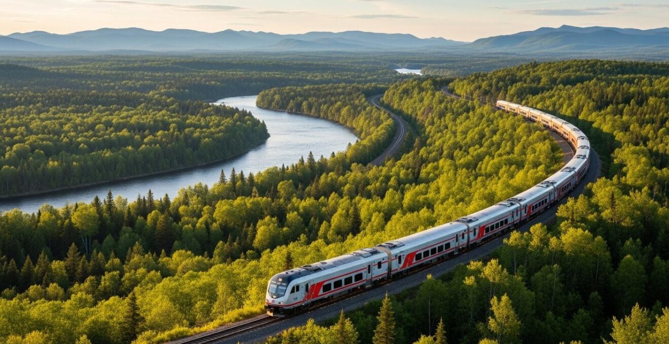 Train traversant un paysage québécois pittoresque avec des montagnes, forêts et rivières, symbolisant la connexion entre les régions
