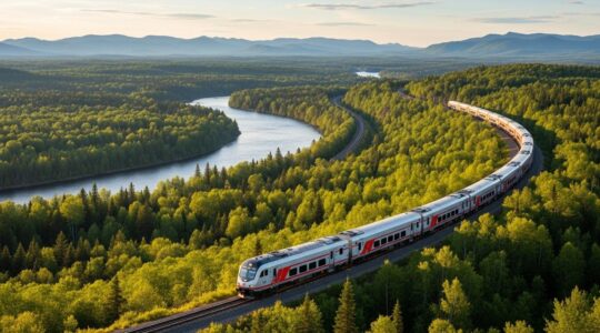 Train traversant un paysage québécois pittoresque avec des montagnes, forêts et rivières, symbolisant la connexion entre les régions