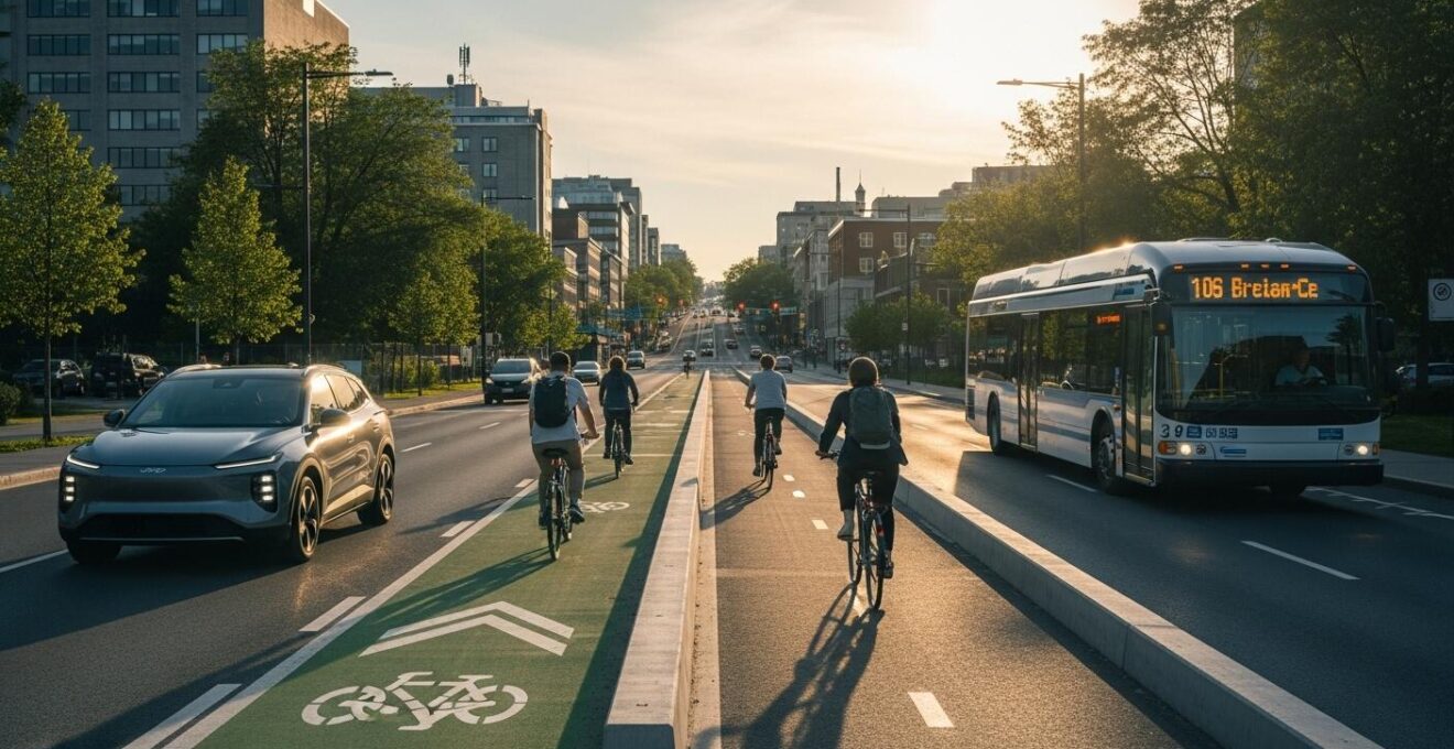Vue symbolique de la transition écologique des transports au Québec avec voitures électriques, pistes cyclables et transports en commun en arrière-plan