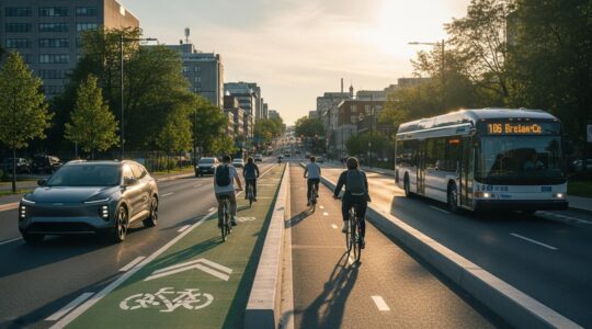 Vue symbolique de la transition écologique des transports au Québec avec voitures électriques, pistes cyclables et transports en commun en arrière-plan